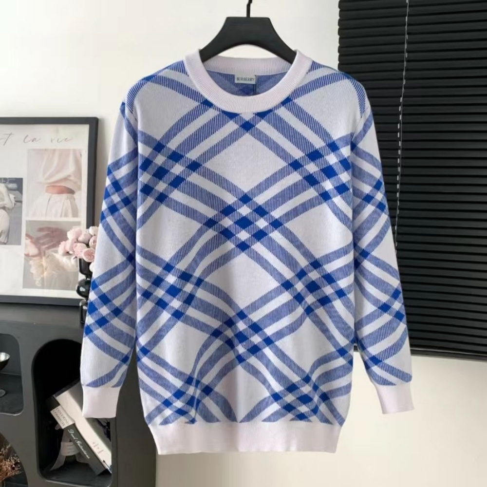 Burberry Blue and White Checkered Crewneck Sweater